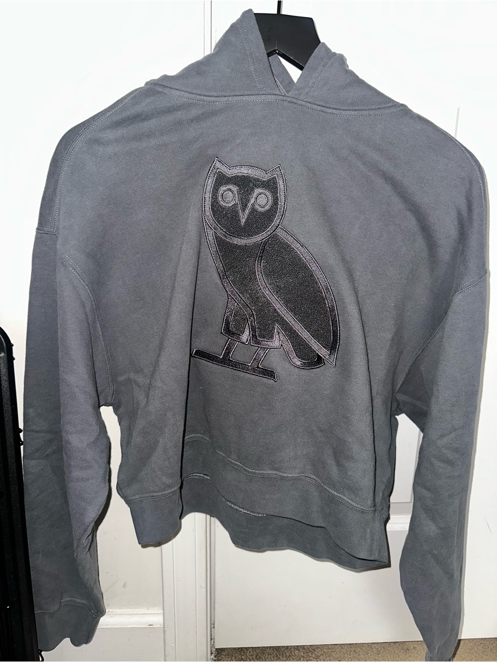 OVO Cropped Grey Owl Logo Hoodie